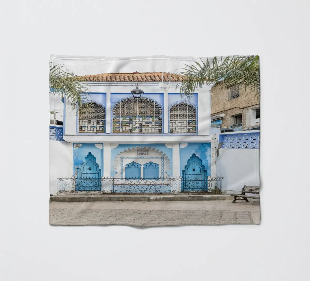 Square in blue city Chefchaouen fleece blanket by photolovers