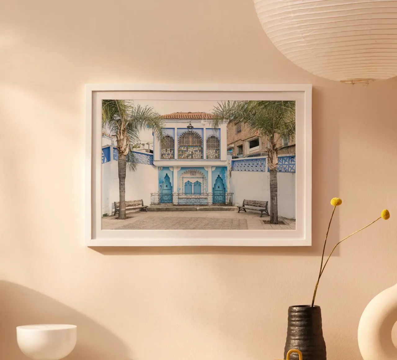 Square in blue city Chefchaouen poster with aluminum frame by photolovers