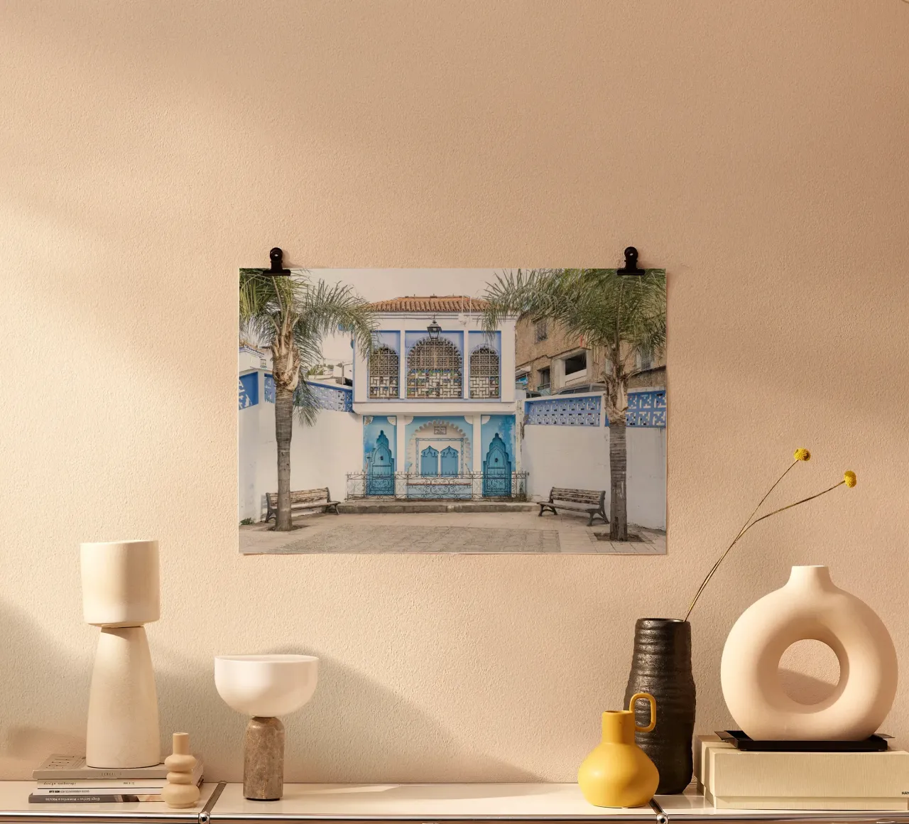 Square in blue city Chefchaouen poster with aluminum frame by photolovers