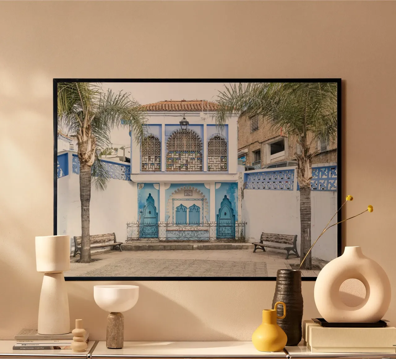 Square in blue city Chefchaouen poster with aluminum frame by photolovers