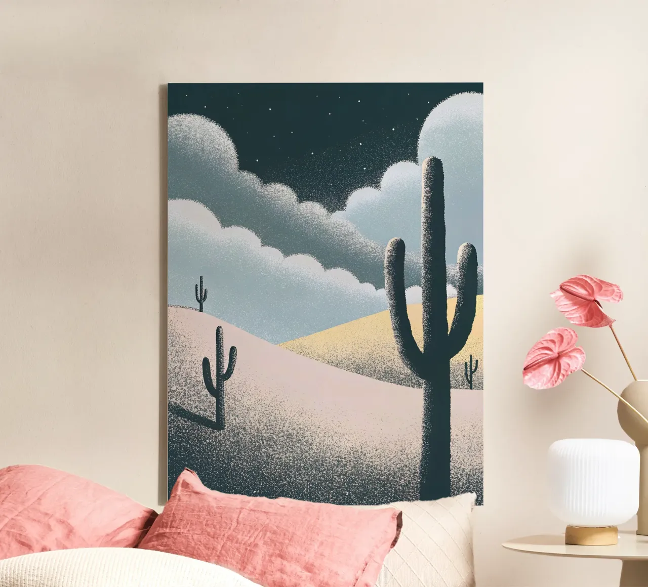Kaktusgewächse in der Wüste Leinwand mit Schattenfugenrahmen von SOUL SHOP