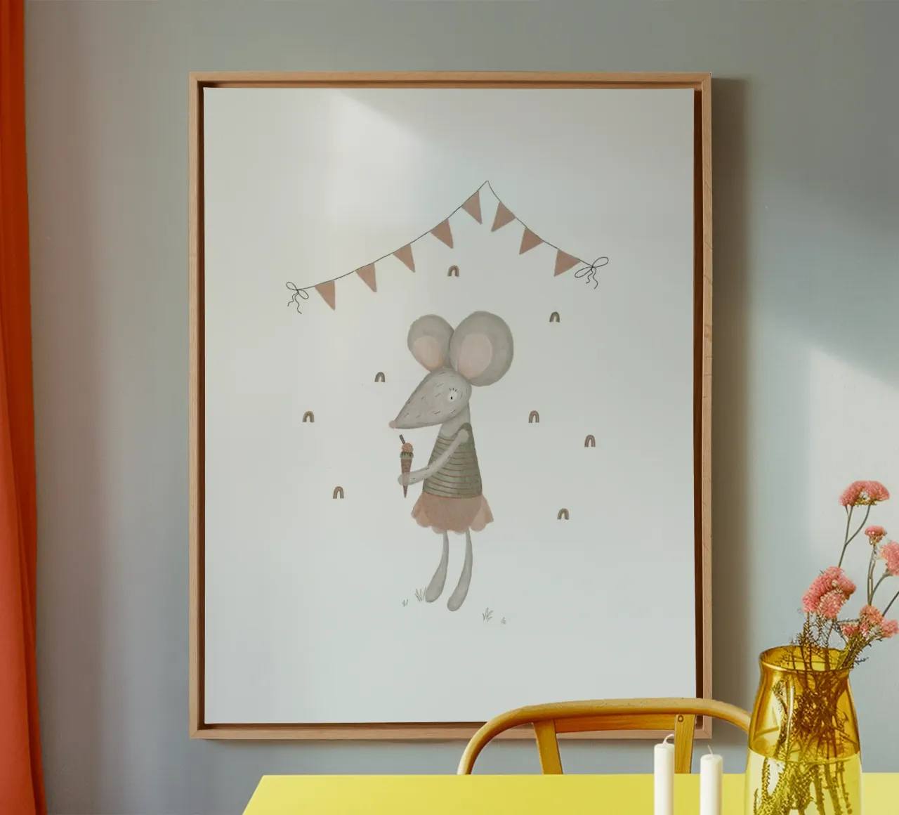 Pink & Grey Mireille Mouse with Ice Cream Art canvas with Floater frame by Urchin Bay Art