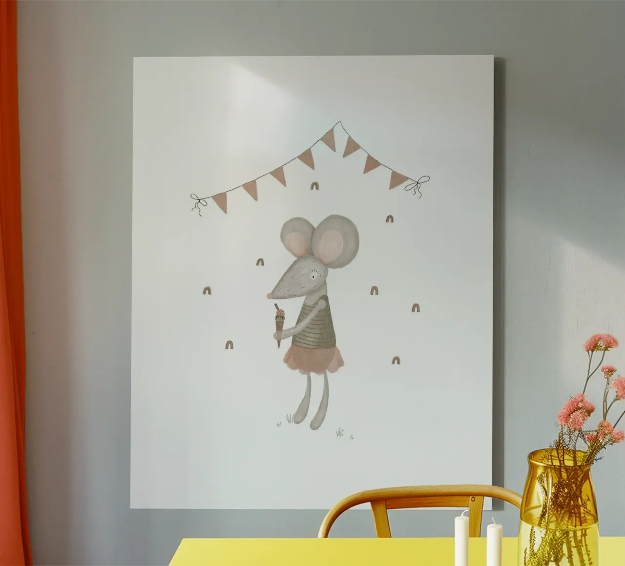 Pink & Grey Mireille Mouse with Ice Cream Art canvas with Floater frame by Urchin Bay Art