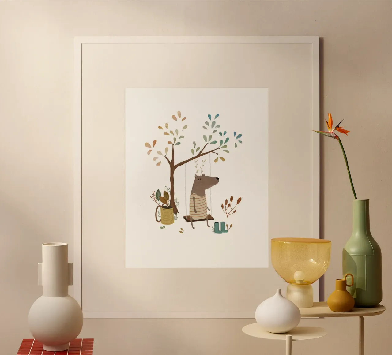 Whimsical Moose on a Swing Art Print poster by Urchin Bay Art