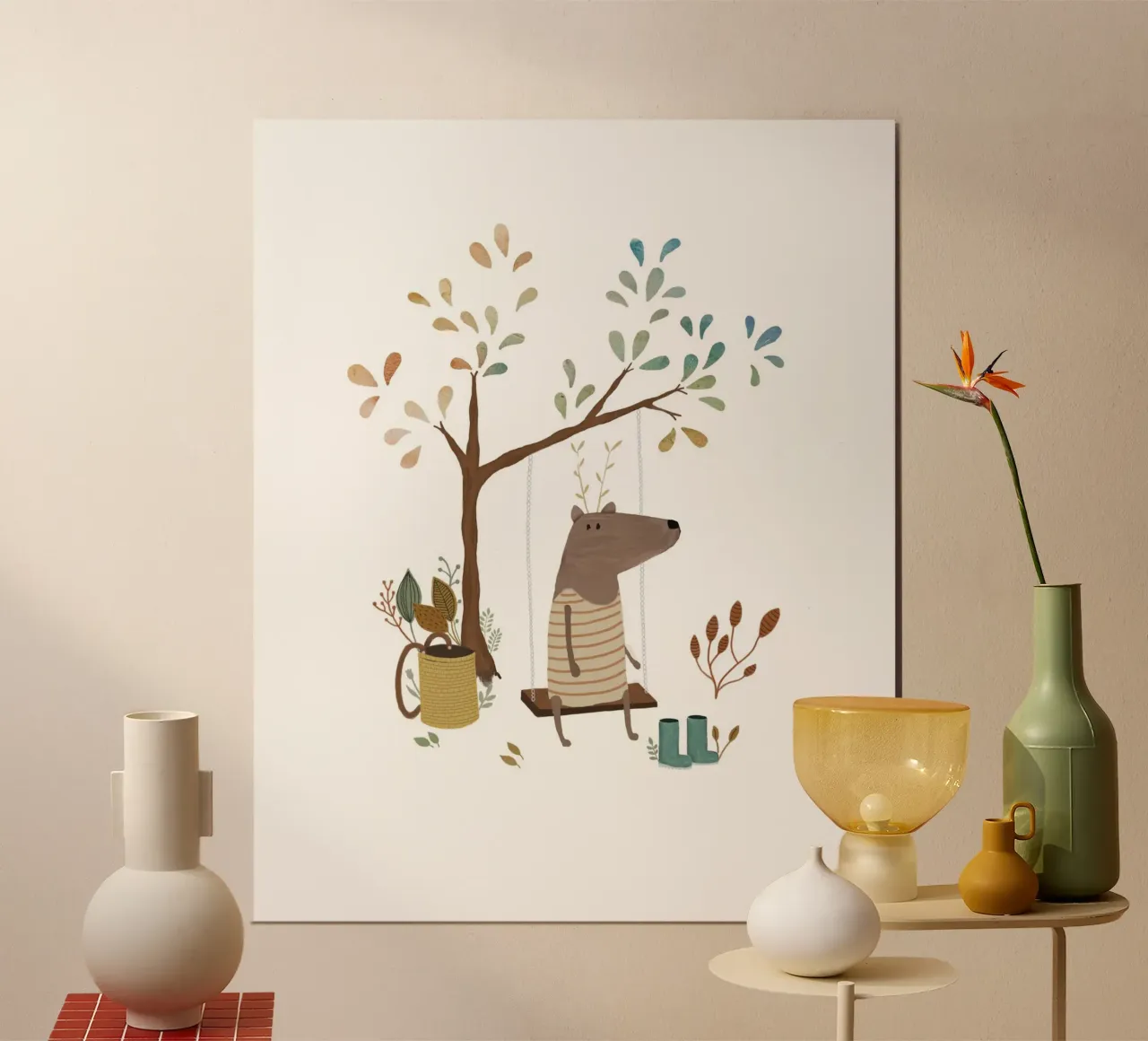 Whimsical Moose on a Swing Art Print poster by Urchin Bay Art