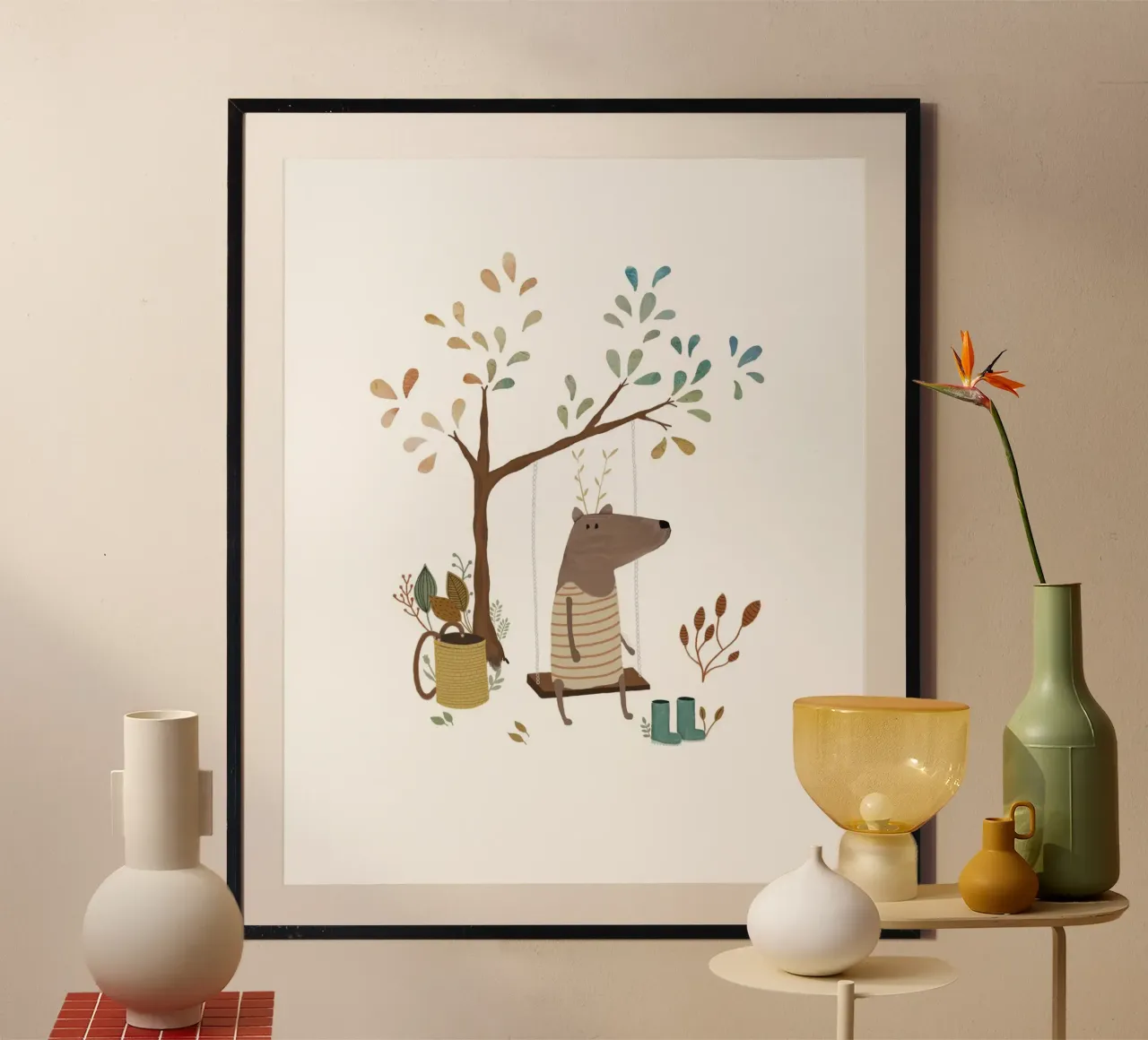 Whimsical Moose on a Swing Art Print poster by Urchin Bay Art