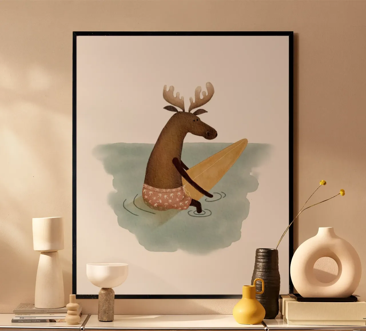 Whimsical Surfing Moose kunstdruk hahnemühle van Urchin Bay Art