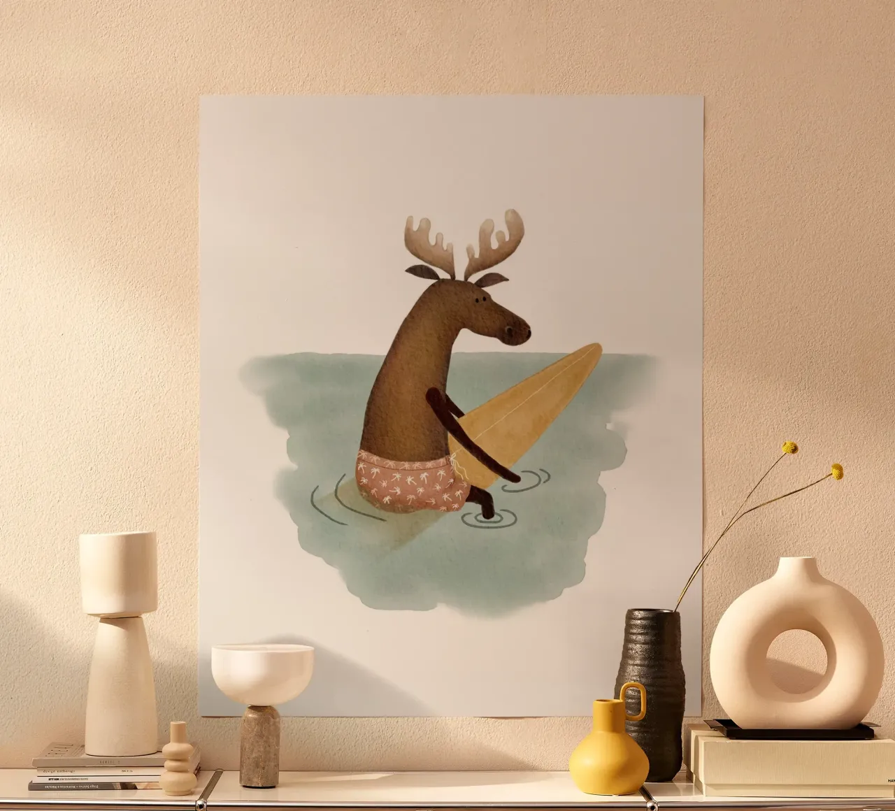 Whimsical Surfing Moose kunstdruk hahnemühle van Urchin Bay Art