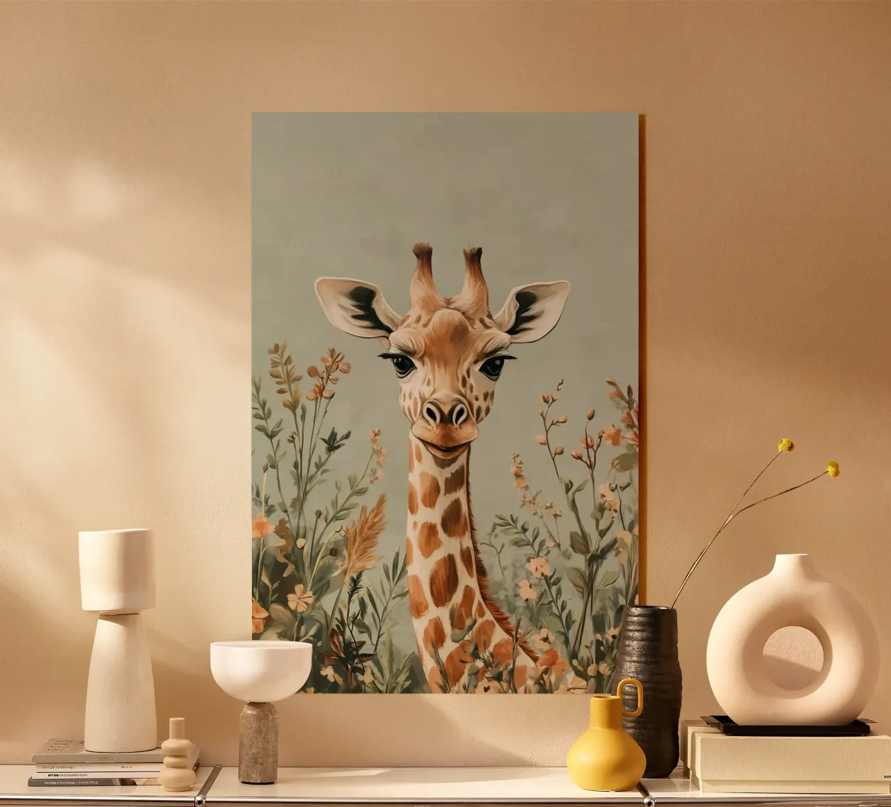 Una jirafa de ensueño en un jardín de flores pastel metacrilato de Moodwall