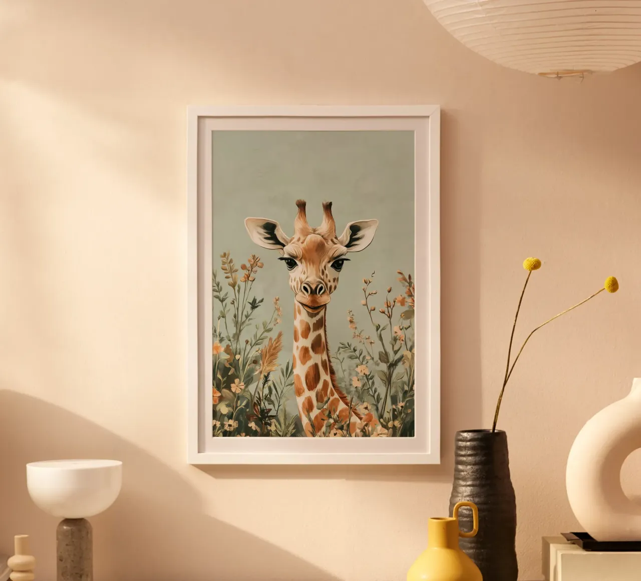 Girafe rêveuse dans un jardin floral aux tons pastel poster avec cadre en bois de Moodwall