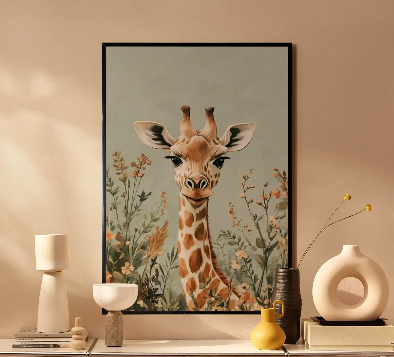 Girafe rêveuse dans un jardin floral aux tons pastel poster avec cadre en bois de Moodwall