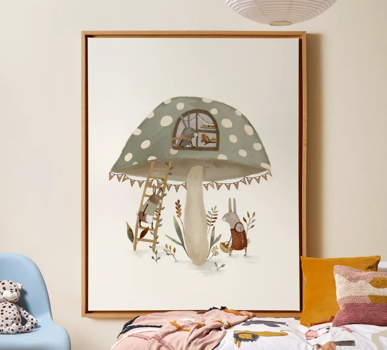 Sage Green Bunny Mushroom House Art Print canvas met Baklijst van Urchin Bay Art