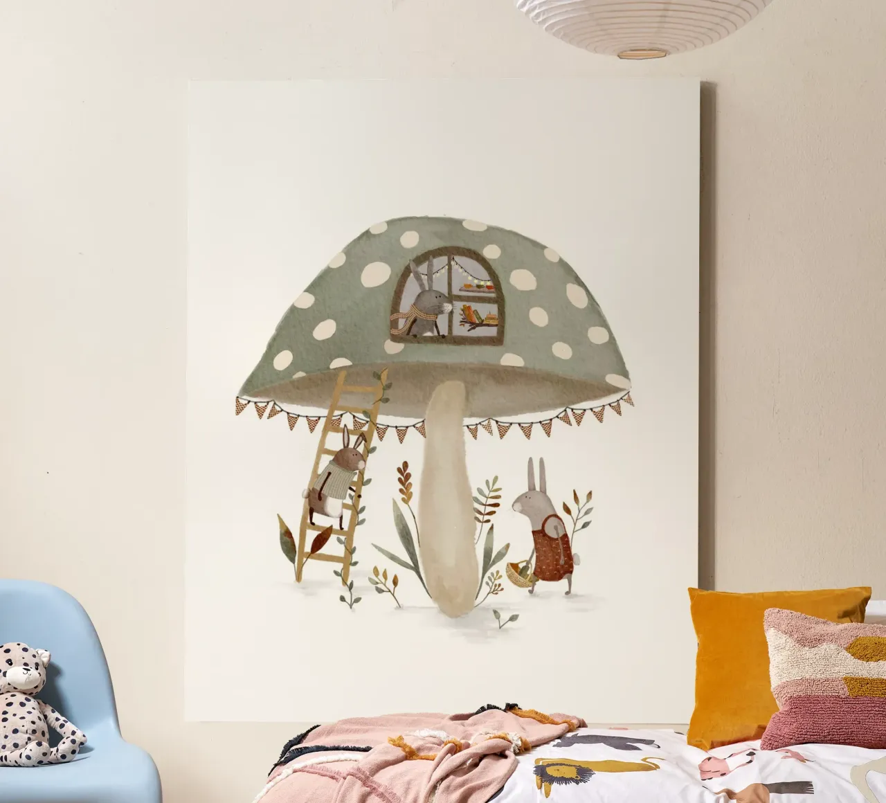 Sage Green Bunny Mushroom House Art Print canvas met Baklijst van Urchin Bay Art