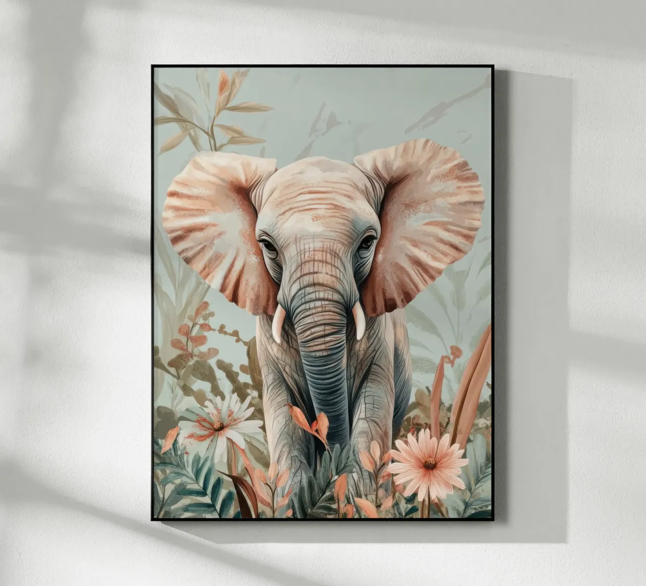 A curious elephant in a softly coloured garden acrylic glass by Moodwall