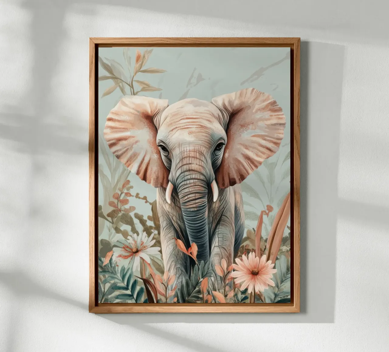 Un elefante curioso in un giardino dai colori tenui pannello forex da Moodwall