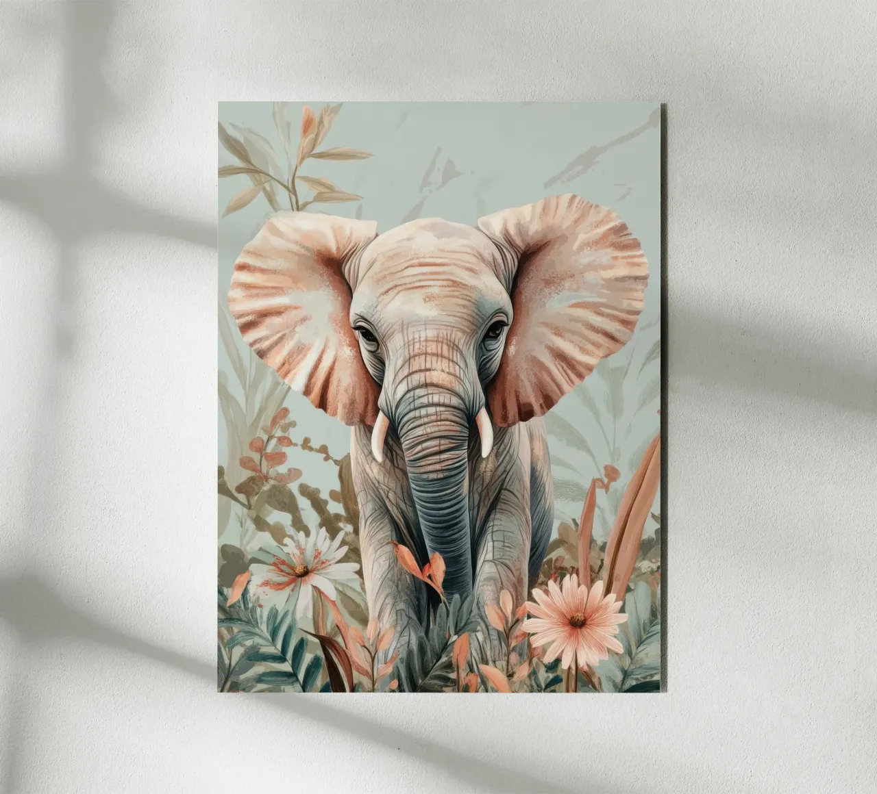Un elefante curioso in un giardino dai colori tenui pannello forex da Moodwall