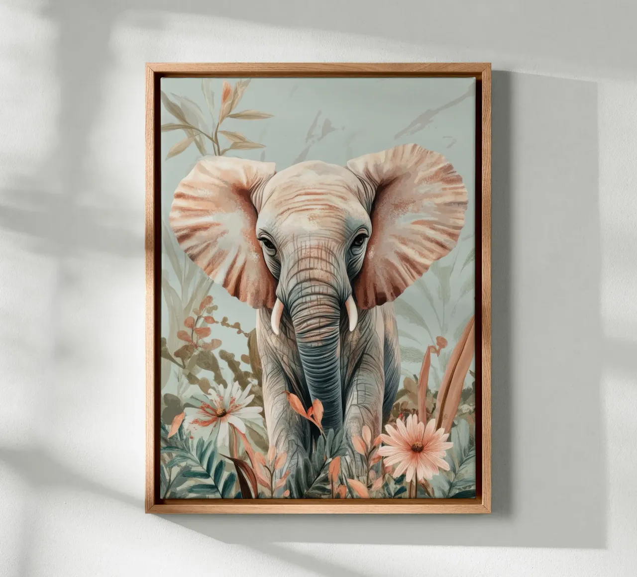 Un elefante curioso in un giardino dai colori tenui tela da Moodwall