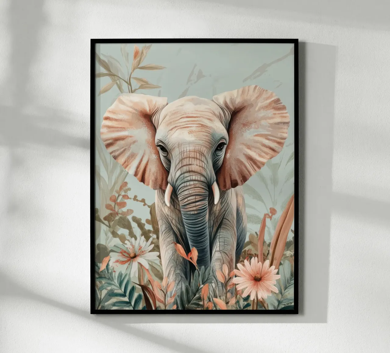 A curious elephant in a softly coloured garden poster by Moodwall