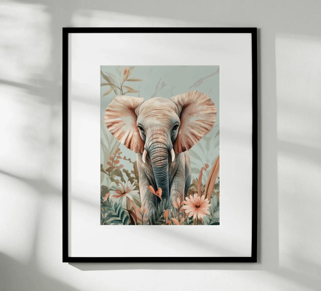 A curious elephant in a softly coloured garden poster by Moodwall