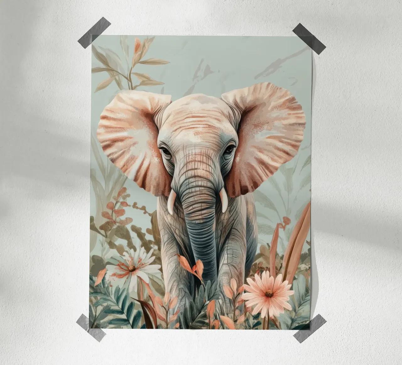 A curious elephant in a softly coloured garden poster by Moodwall