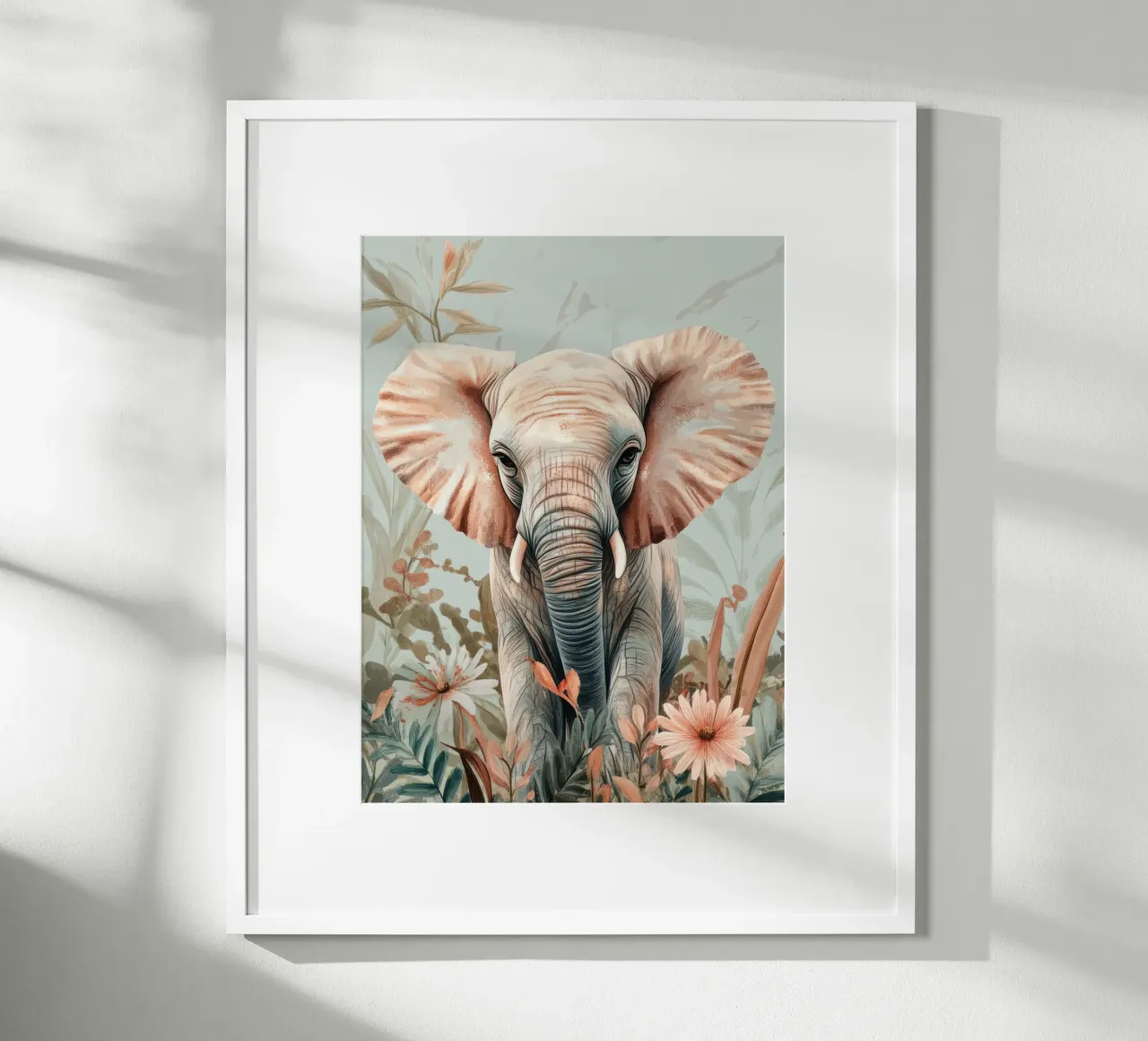 A curious elephant in a softly coloured garden poster by Moodwall