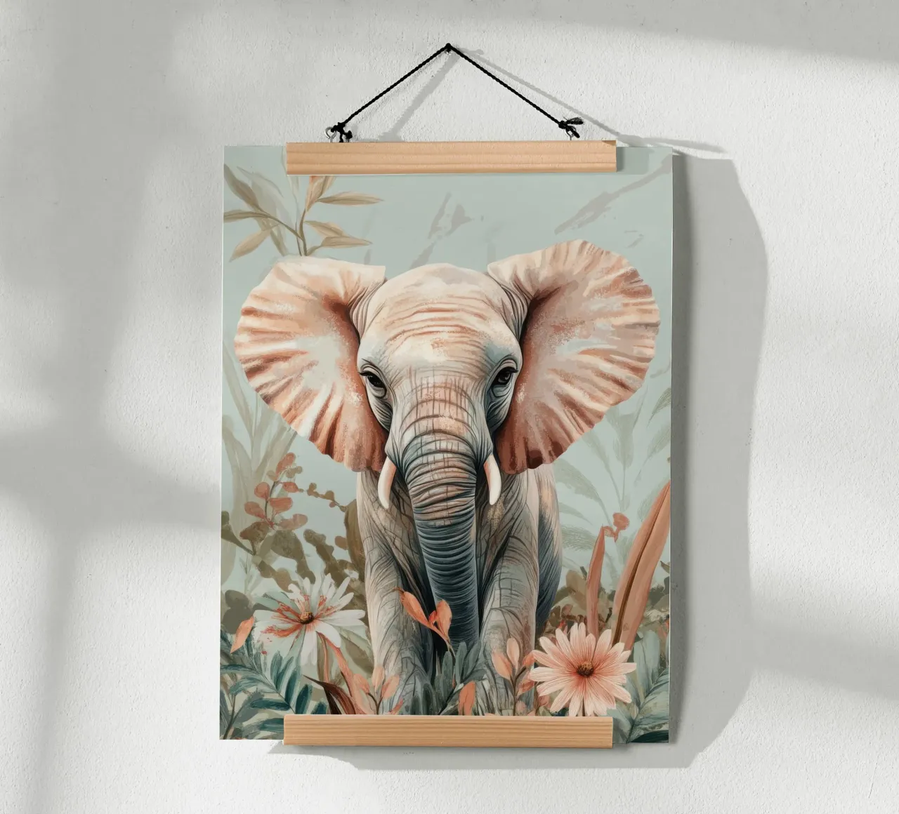 A curious elephant in a softly coloured garden poster by Moodwall