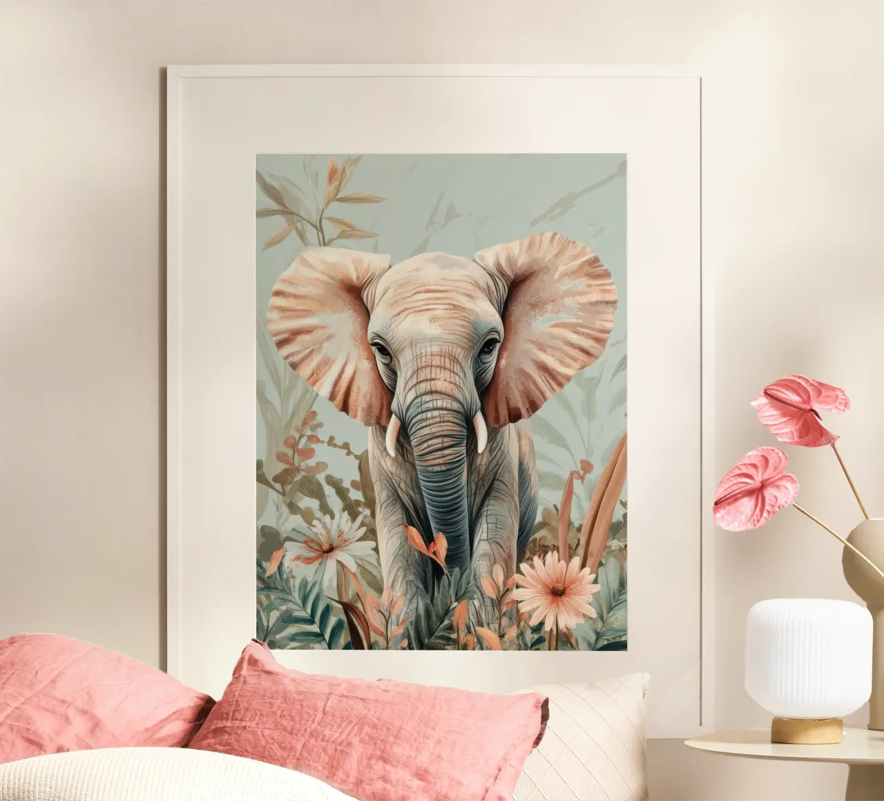 Un elefante curioso in un giardino dai colori tenui carta hahnemühle da Moodwall