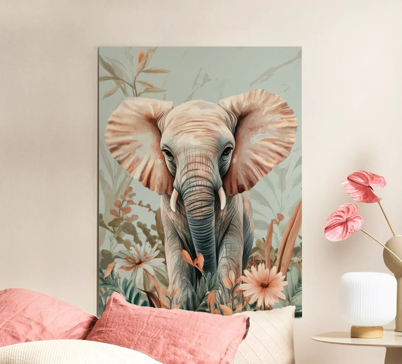 Un elefante curioso in un giardino dai colori tenui carta hahnemühle da Moodwall