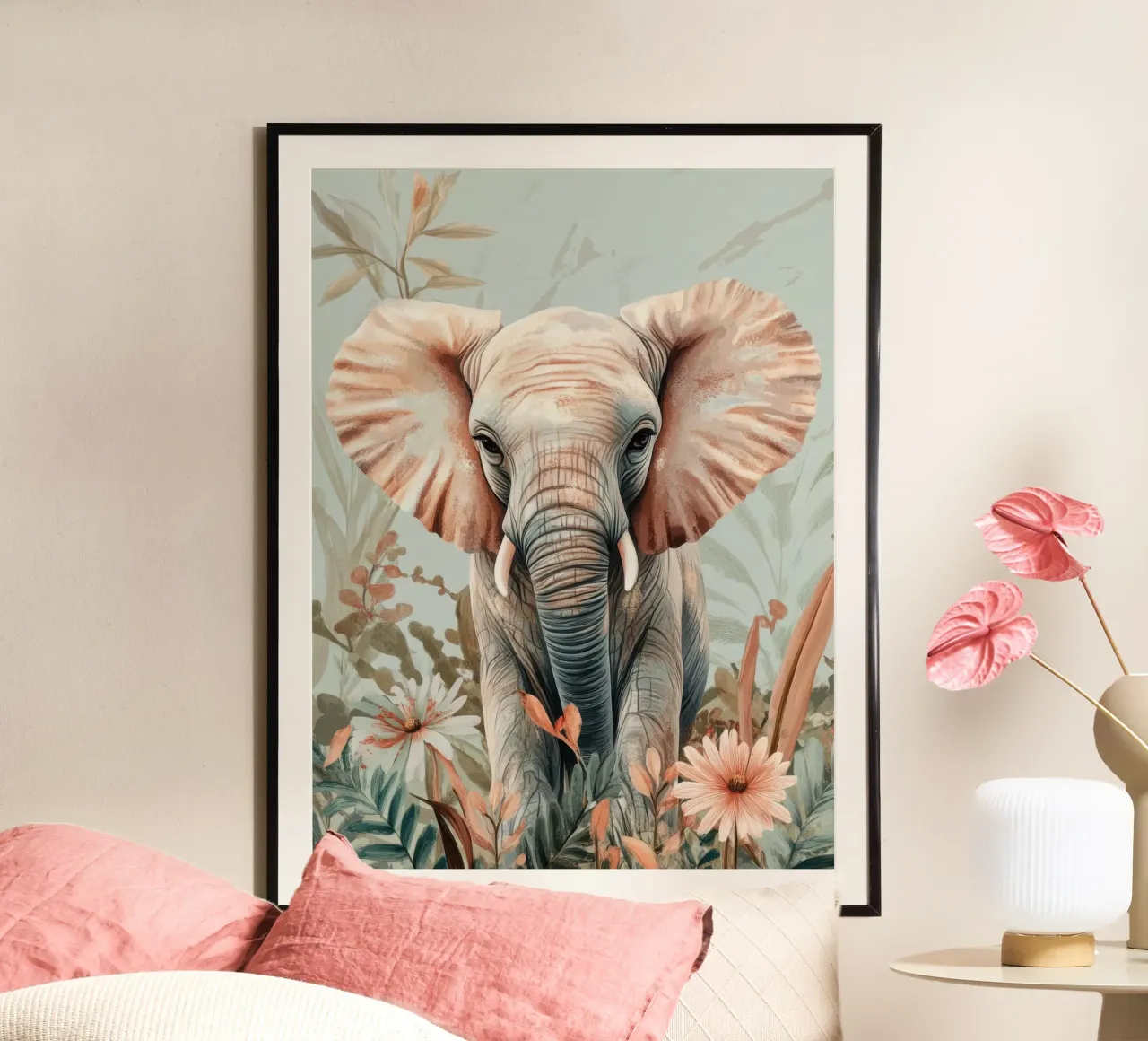 Un elefante curioso in un giardino dai colori tenui carta hahnemühle da Moodwall