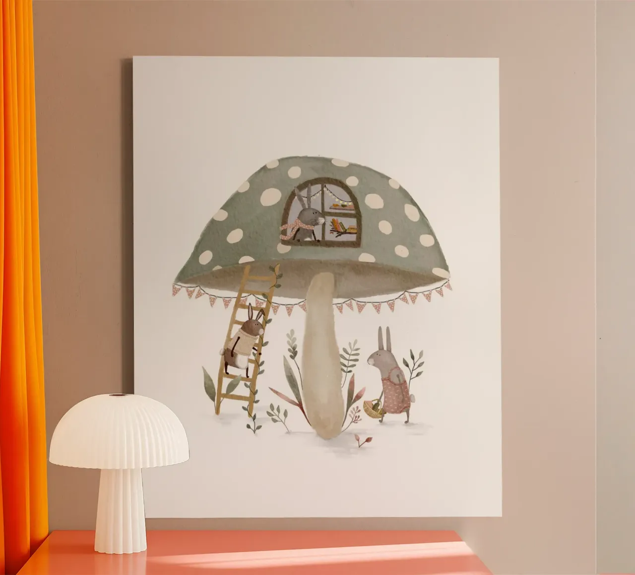 Pink-Accented Bunny Mushroom House Print canvas with Floater frame by Urchin Bay Art