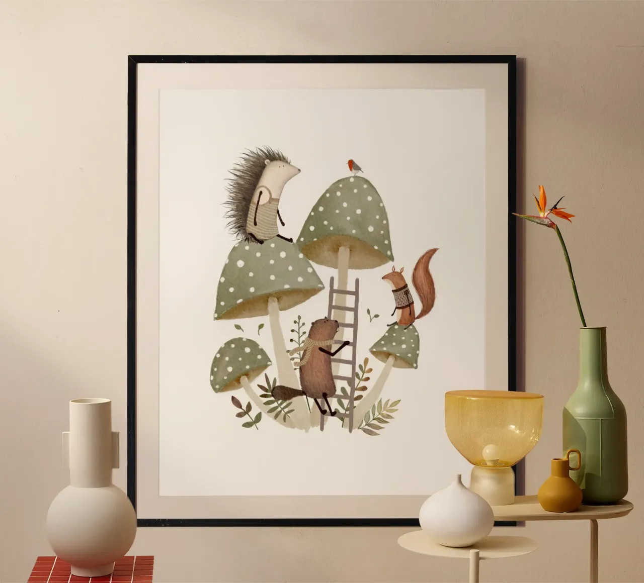 Woodland Animal Playground on Mushrooms poster with wooden frame by Urchin Bay Art