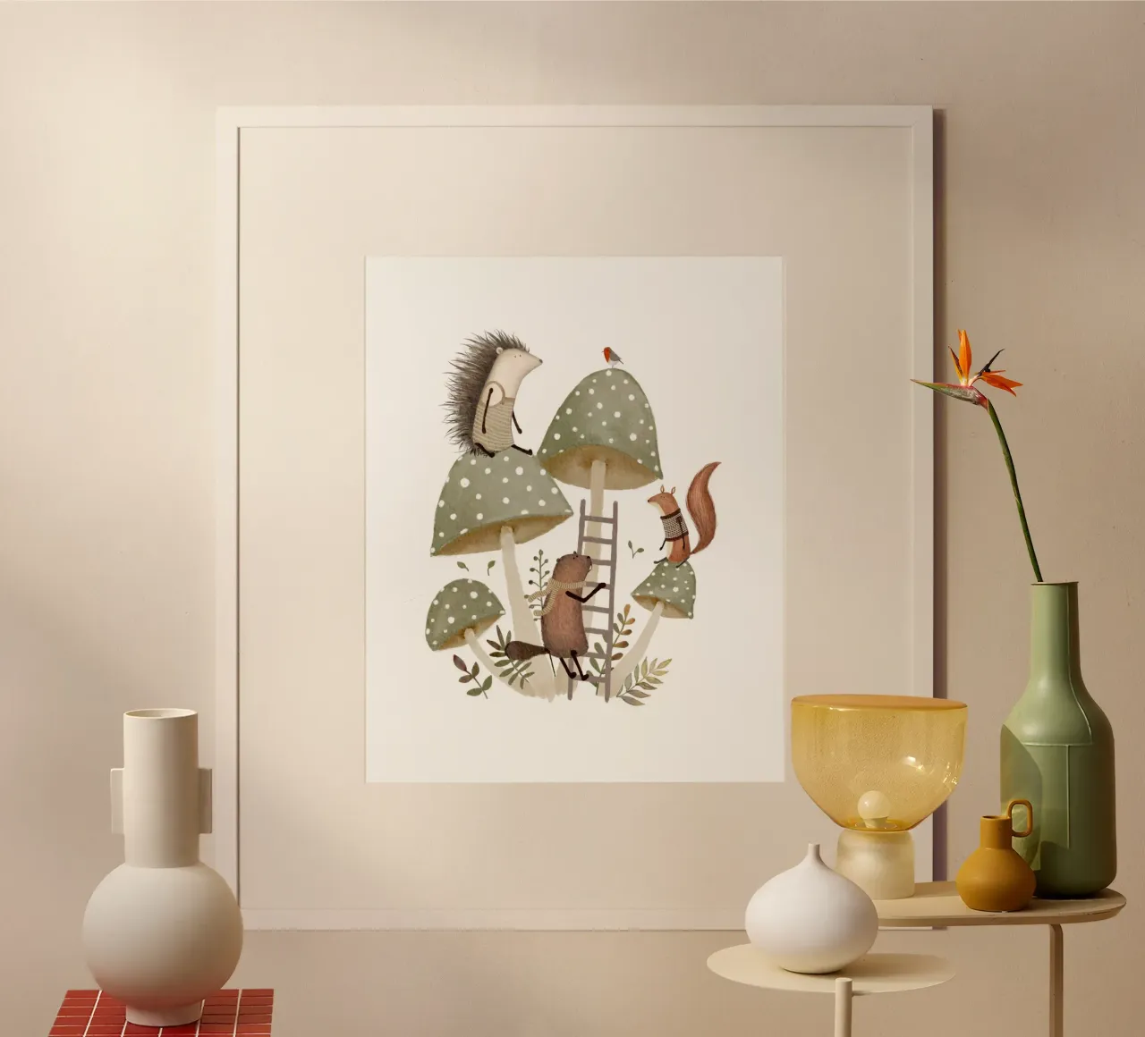 Woodland Animal Playground on Mushrooms poster with wooden frame by Urchin Bay Art