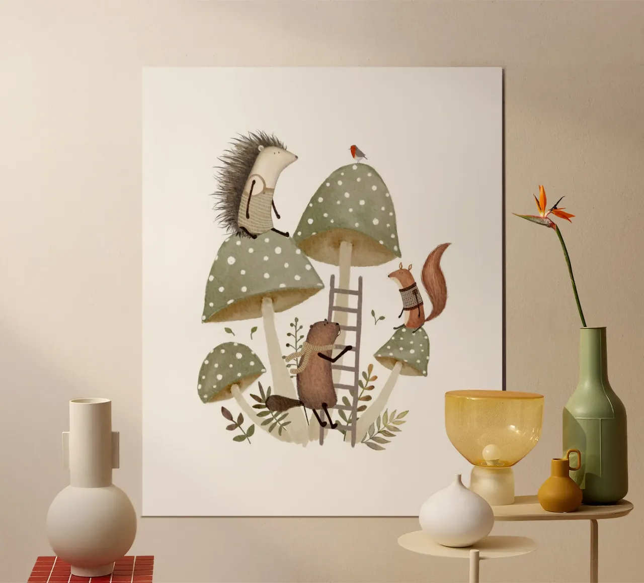 Woodland Animal Playground on Mushrooms poster with wooden frame by Urchin Bay Art