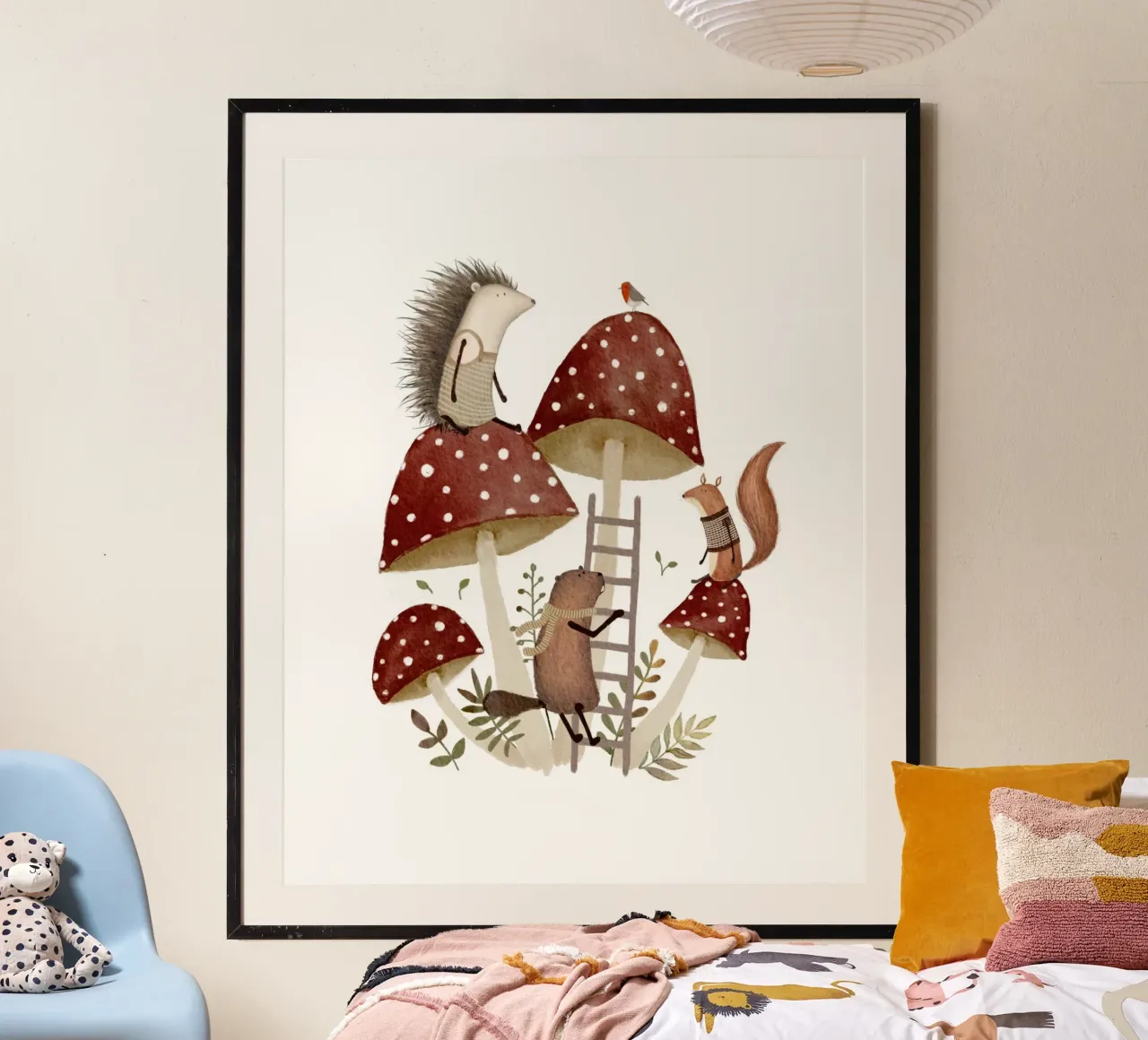 Gli amici del bosco nel parco giochi del Fungo Rosso poster con telaio in alluminio da Urchin Bay Art