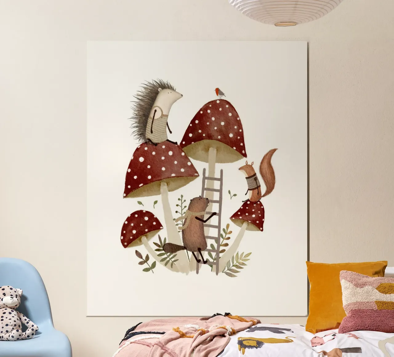 Gli amici del bosco nel parco giochi del Fungo Rosso poster con telaio in alluminio da Urchin Bay Art