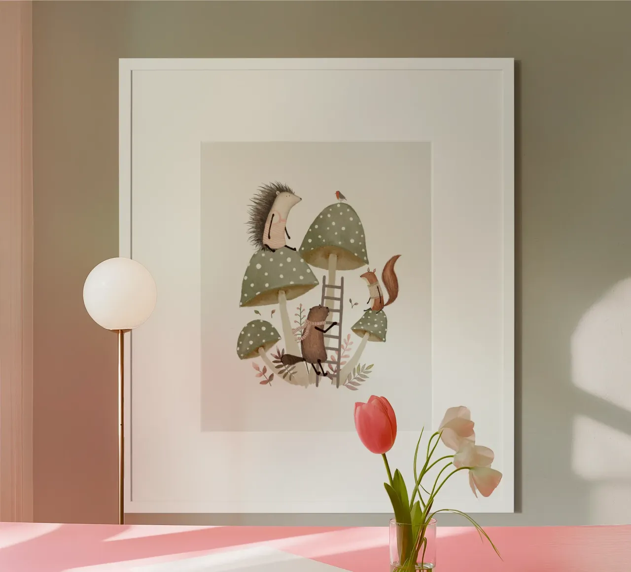 Arrampicata nel bosco su funghi salvia - Verde salvia e rosa poster da Urchin Bay Art