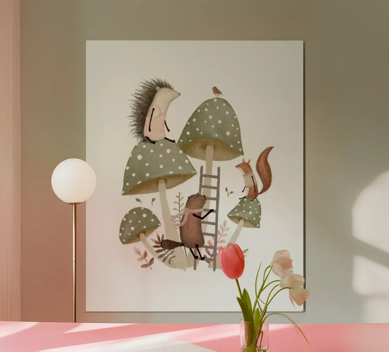 Arrampicata nel bosco su funghi salvia - Verde salvia e rosa poster da Urchin Bay Art