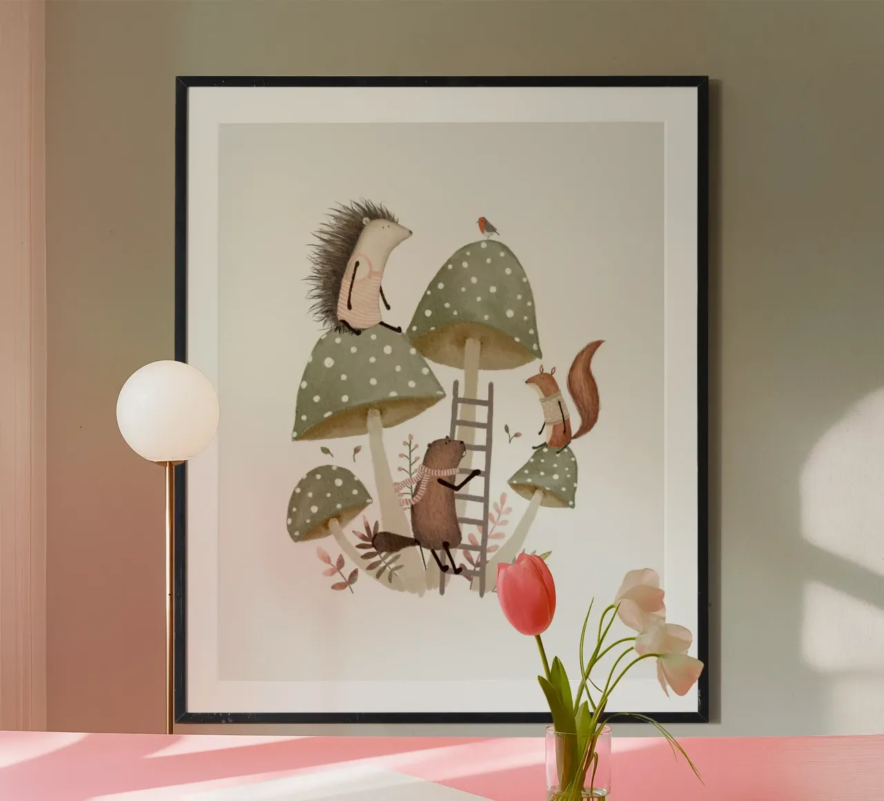 Arrampicata nel bosco su funghi salvia - Verde salvia e rosa poster da Urchin Bay Art
