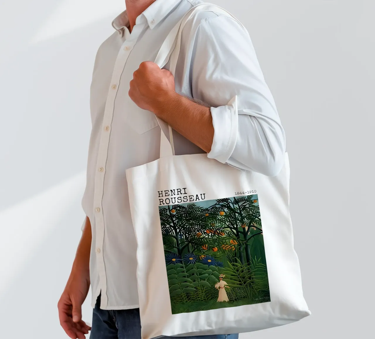Donna che cammina in una foresta esotica di Henri Rousseau borsa in juta da tokovictory