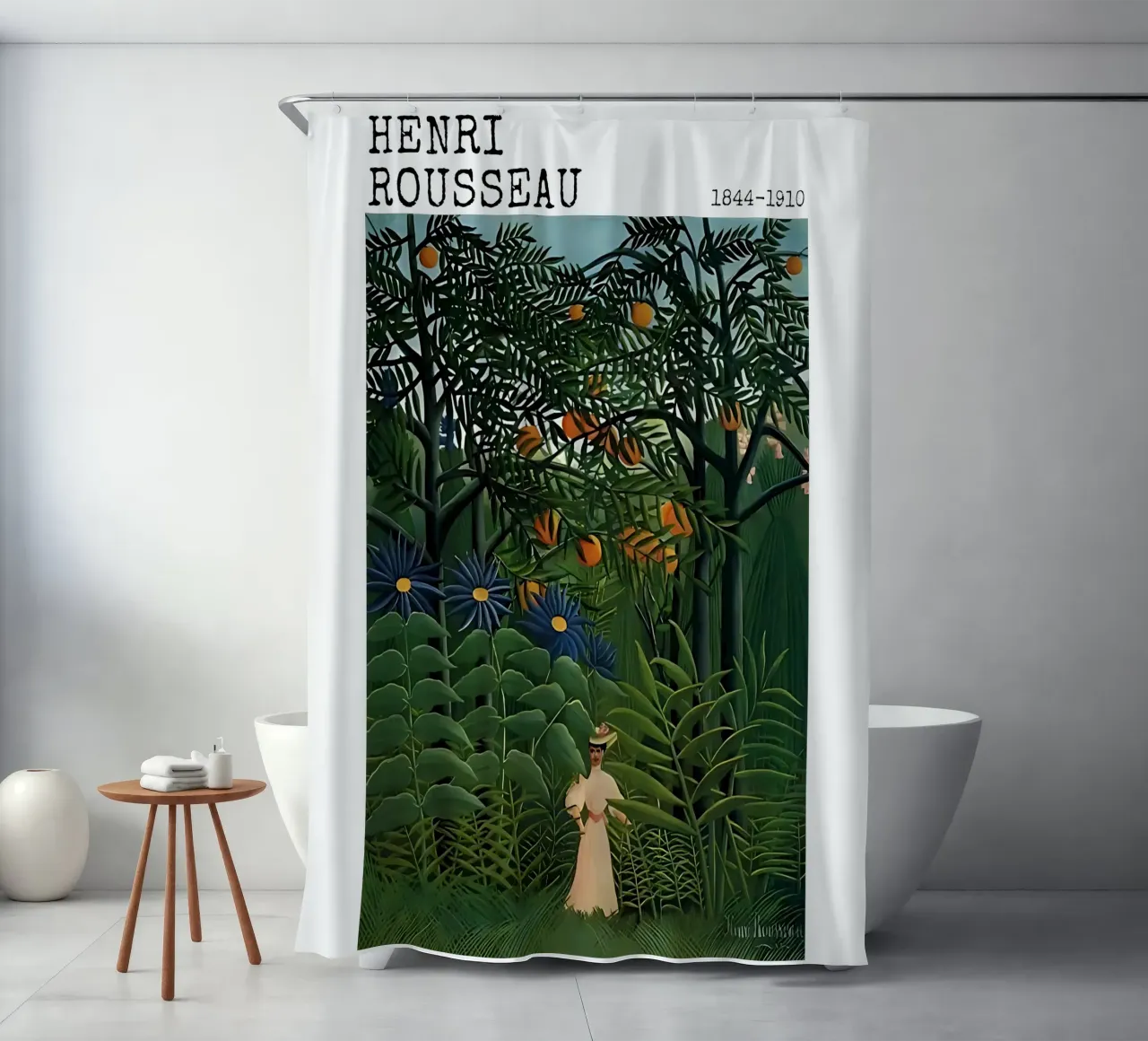 Donna che cammina in una foresta esotica di Henri Rousseau tenda da doccia da tokovictory