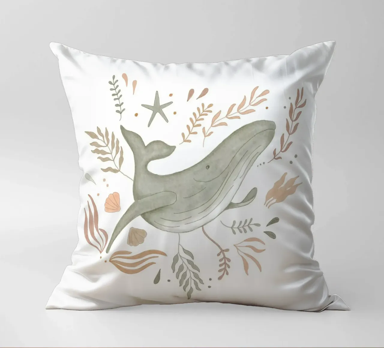 Balena neutra con prodotti botanici oceanici cuscino da Urchin Bay Art