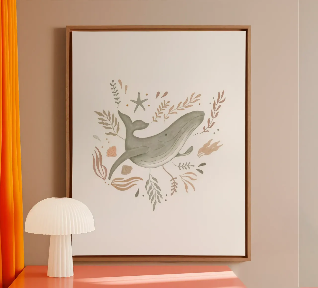 Neutral Whale met Ocean Botanicals canvas van Urchin Bay Art