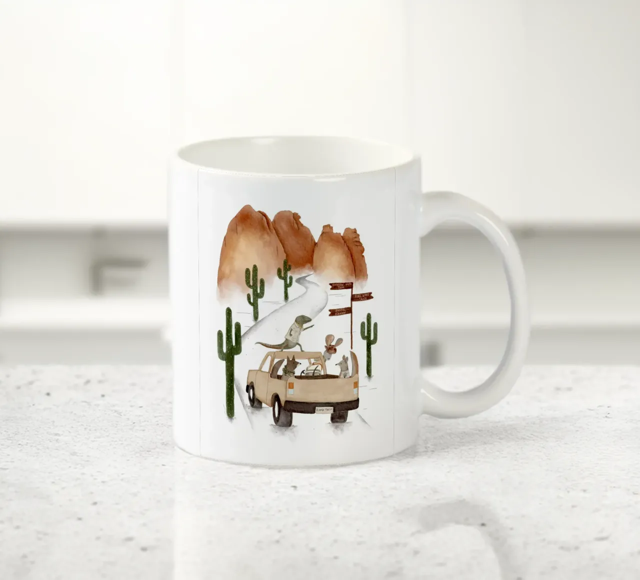 Viaggio in auto con gli animali della Valle del Fuoco - Boho Desert Decor tazza in ceramica da Urchin Bay Art