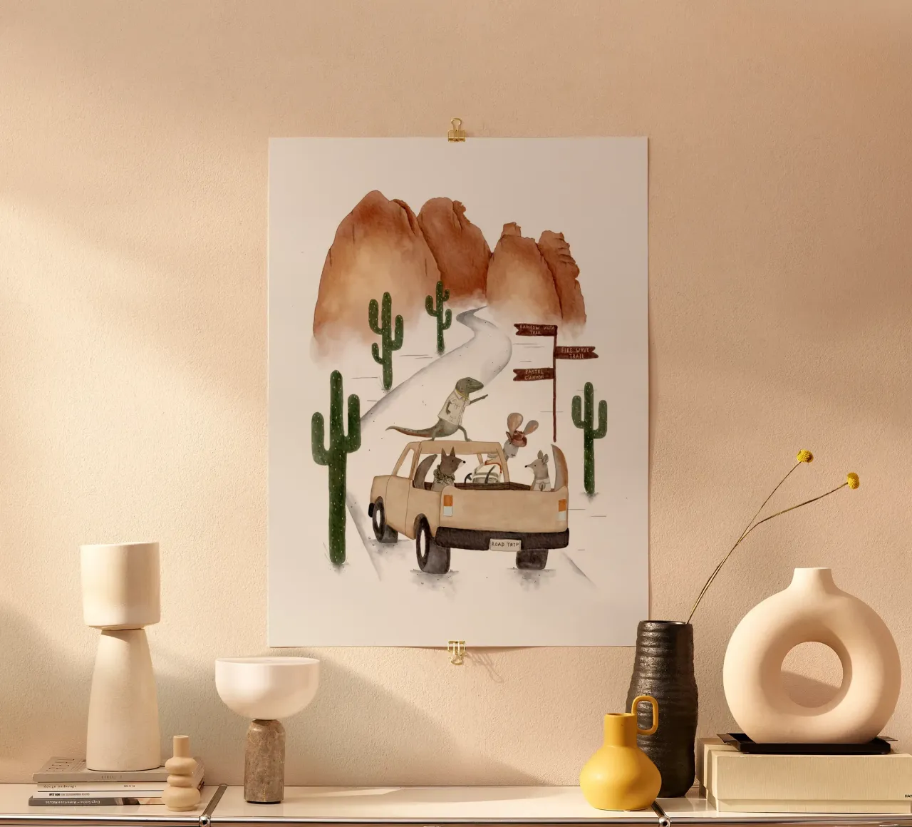 Viaggio in auto con gli animali della Valle del Fuoco - Boho Desert Decor poster con telaio in plastica da Urchin Bay Art