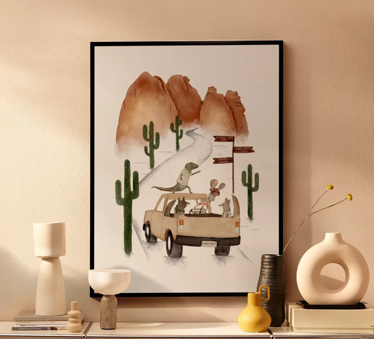 Viaggio in auto con gli animali della Valle del Fuoco - Boho Desert Decor poster con telaio in plastica da Urchin Bay Art