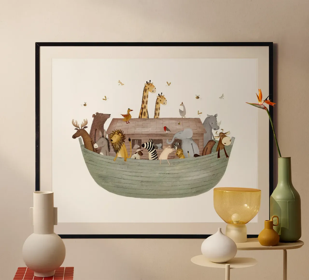 Gli amici animali dell'Arca di Noè - Verde tenero poster con telaio in plastica da Urchin Bay Art