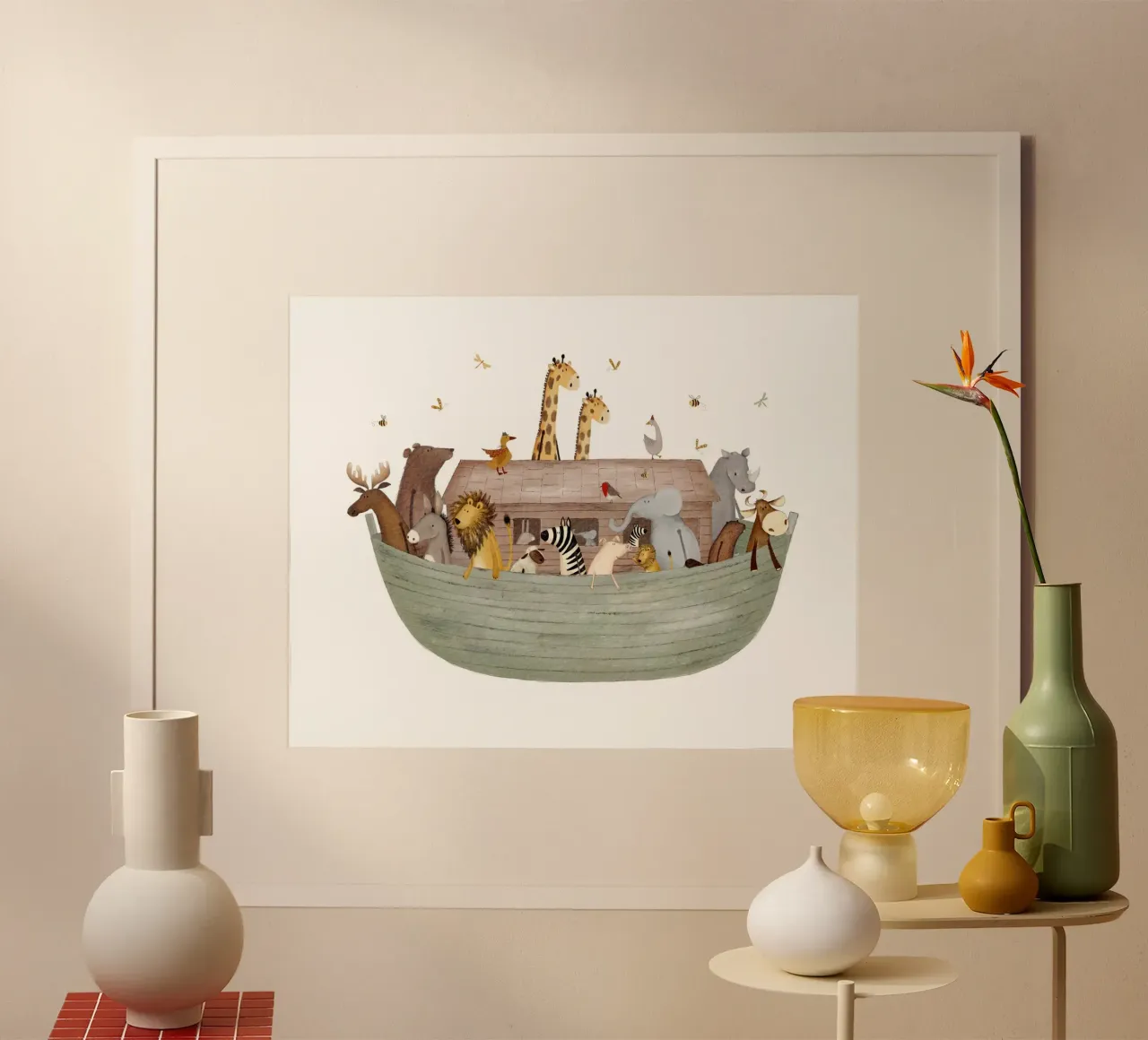Gli amici animali dell'Arca di Noè - Verde tenero poster con telaio in plastica da Urchin Bay Art