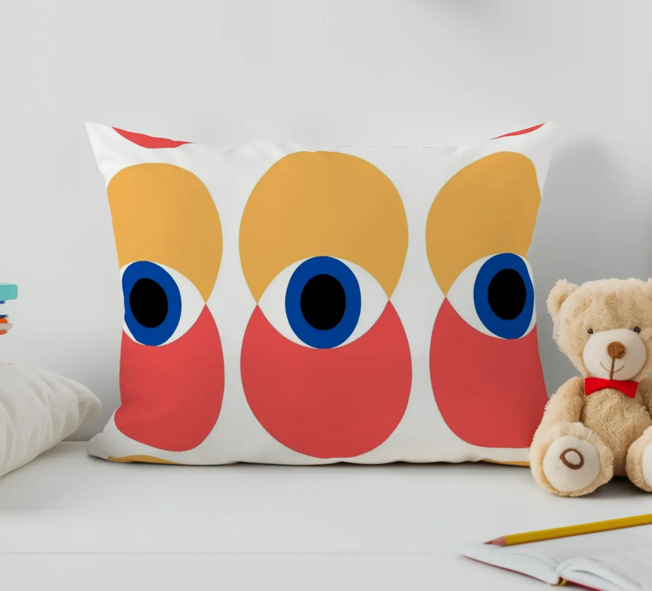 Bauhaus pattern - eyes and circles in bold colours decorative cushion by Casa Calm