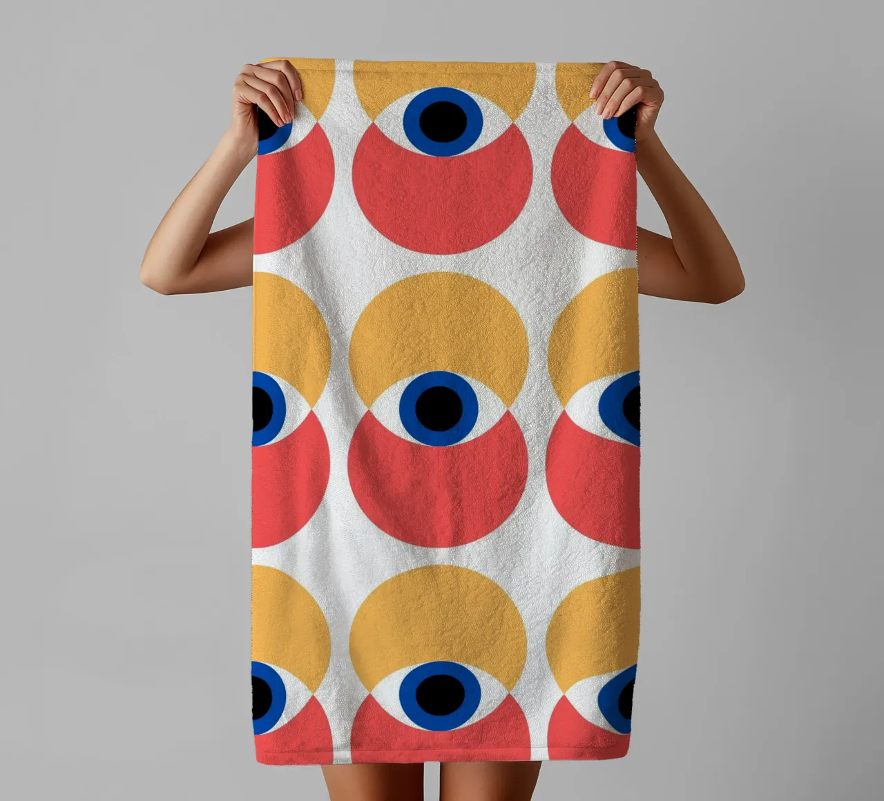 Bauhaus pattern - eyes and circles in bold colours towel by Casa Calm