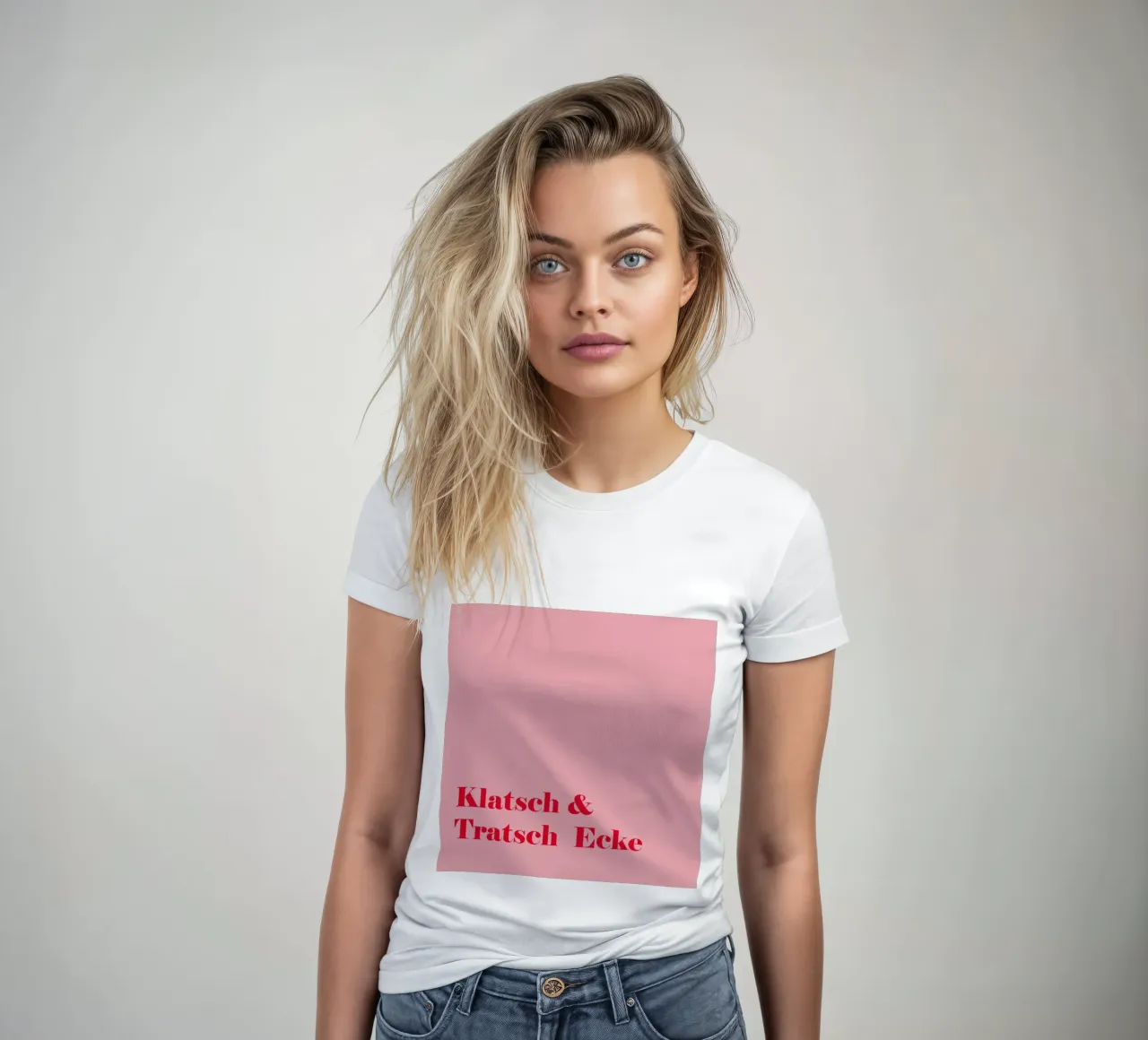 Gossip corner in raspberry red on pink for summer women's fitted t-shirt by Stilrausch